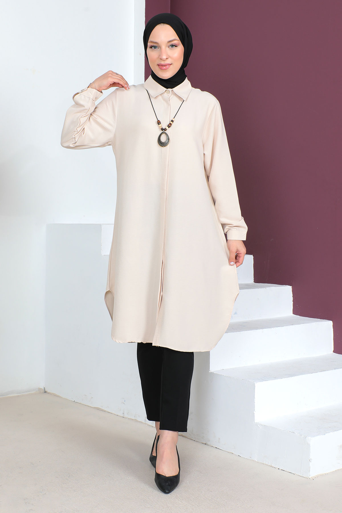 Tesettür Dünyası - Büyük Beden Kolyeli Tunik TSD230509 Bej