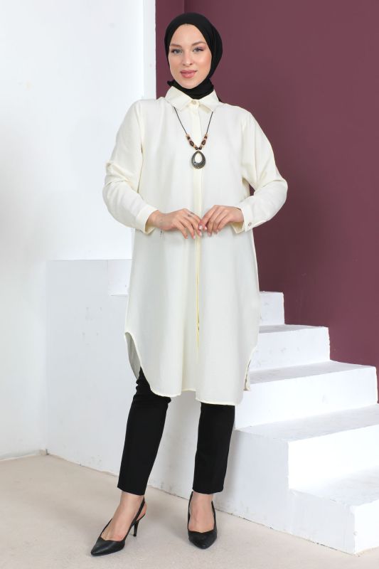 Büyük Beden Kolyeli Tunik TSD230509 Ekru - Tesettür Dünyası