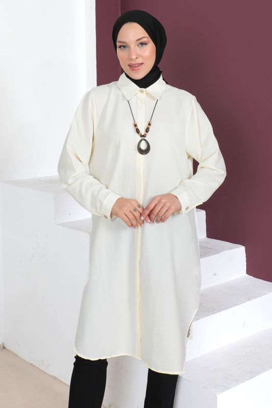 Büyük Beden Kolyeli Tunik TSD230509 Ekru - Tesettür Dünyası (1)