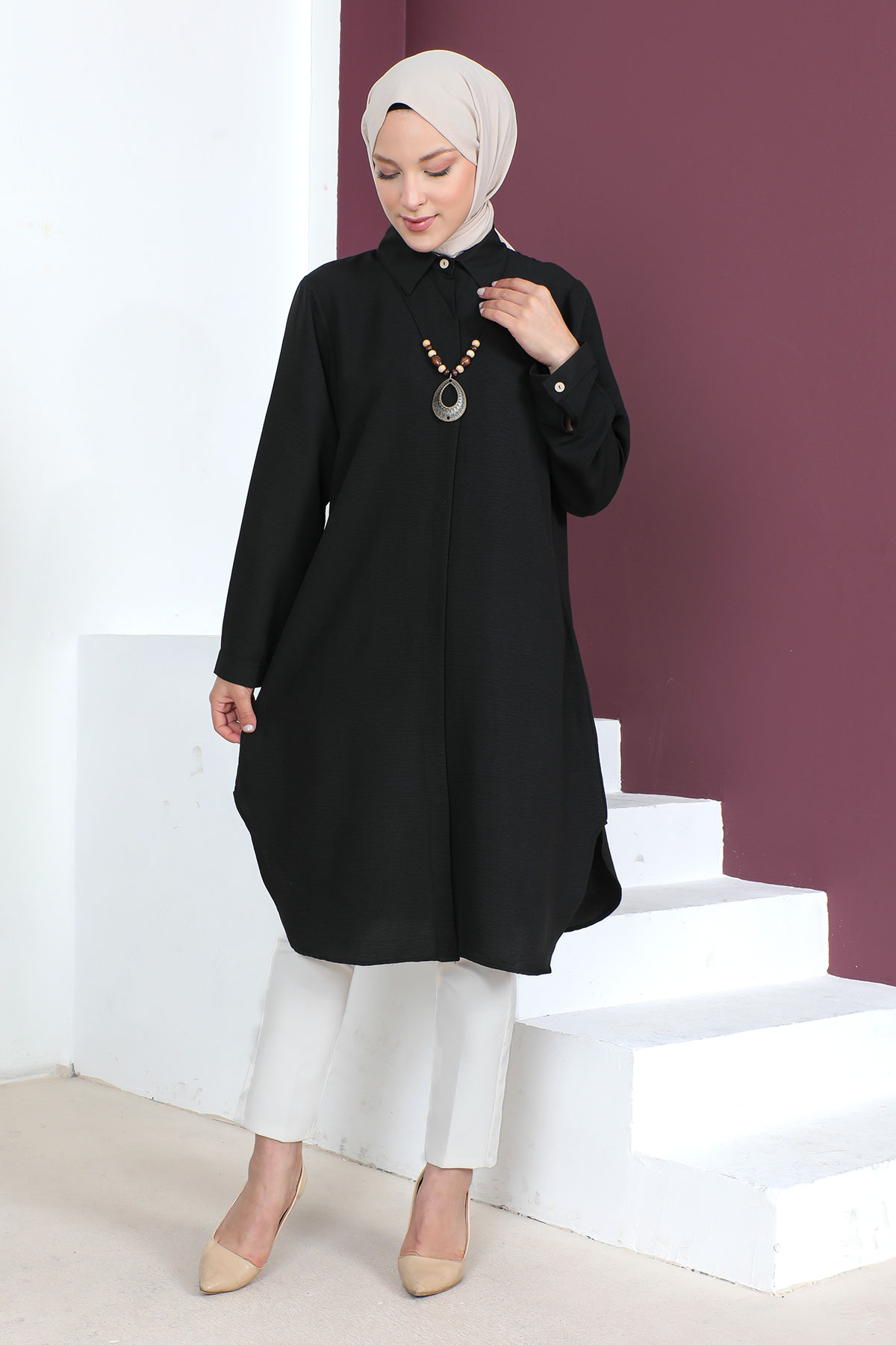 Tesettür Dünyası - Büyük Beden Kolyeli Tunik TSD230509 Siyah