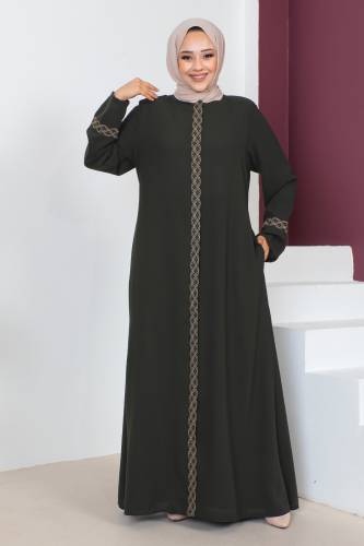 Büyük Beden Nakış İşlemeli Tesettür Ferace TSD230612 Haki 