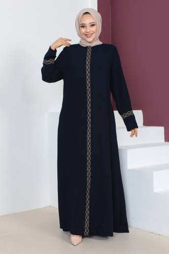 Büyük Beden Nakış İşlemeli Tesettür Ferace TSD230612 Lacivert 