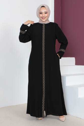 Büyük Beden Nakış İşlemeli Tesettür Ferace TSD230612 Siyah 