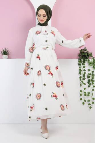 Büyük Beden Nakışlı Elbise TSD220506 Beyaz 