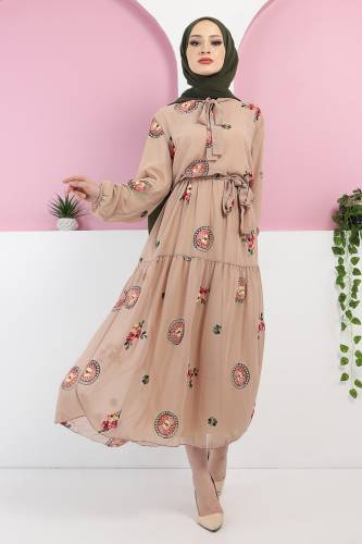 Büyük Beden Nakışlı Elbise TSD220506 Vizon 