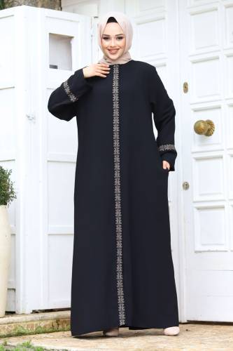 Büyük Beden Önü Nakışlı Tesettür Ferace TSD240245 