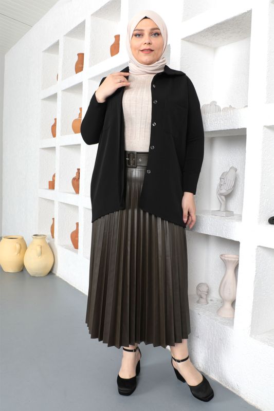 Büyük Beden Piliseli Deri Etek TSD230339 Haki - Tesettür Dünyası (1)