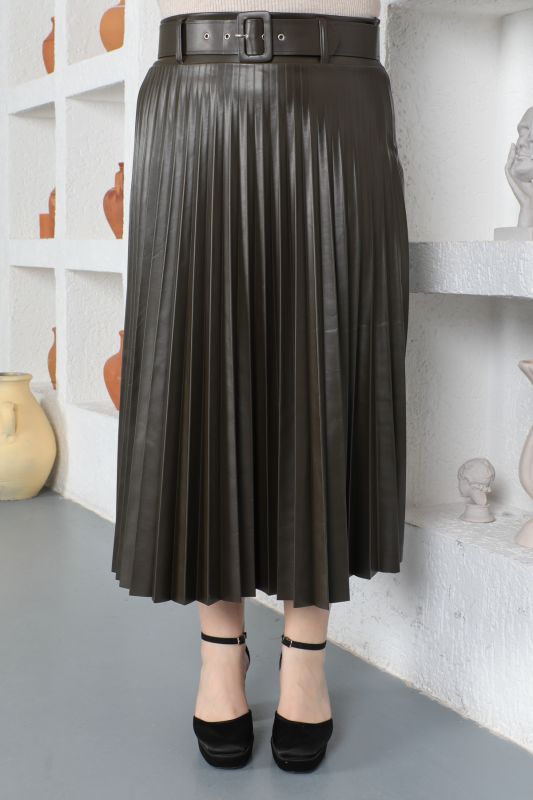 Büyük Beden Piliseli Deri Etek TSD230339 Haki - Tesettür Dünyası