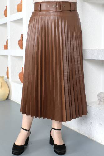 Büyük Beden Piliseli Deri Etek TSD230339 Kahverengi 