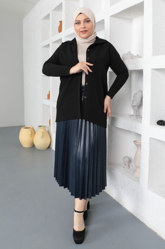 Büyük Beden Piliseli Deri Etek TSD230339 Lacivert - Tesettür Dünyası (1)