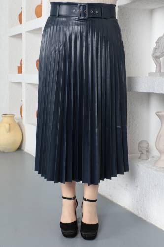 Büyük Beden Piliseli Deri Etek TSD230339 Lacivert 