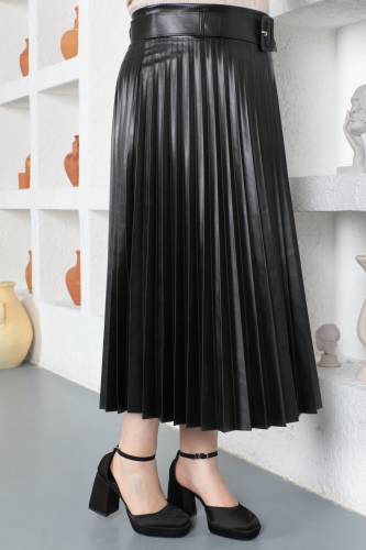 Büyük Beden Piliseli Deri Etek TSD230339 Siyah - 3