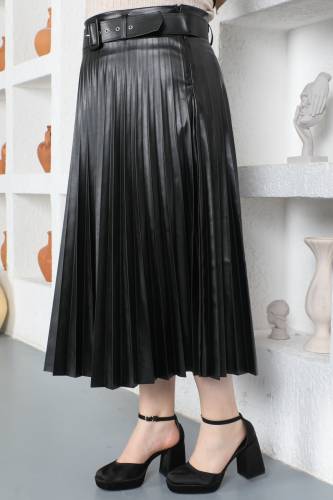 Büyük Beden Piliseli Deri Etek TSD230339 Siyah - 4