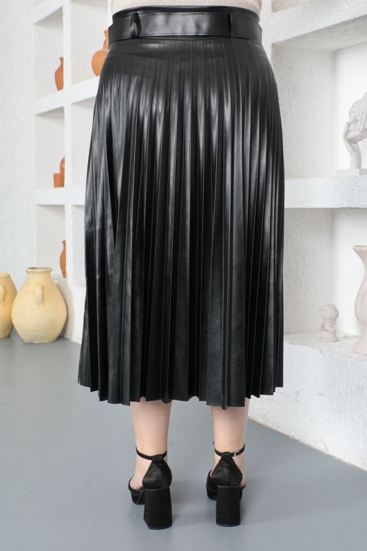 Büyük Beden Piliseli Deri Etek TSD230339 Siyah - 5