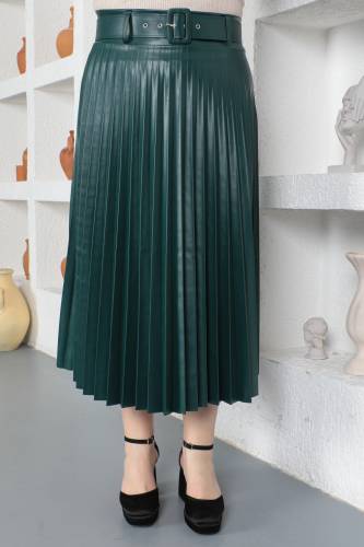 Büyük Beden Piliseli Deri Etek TSD230339 Zümrüt Yeşili 