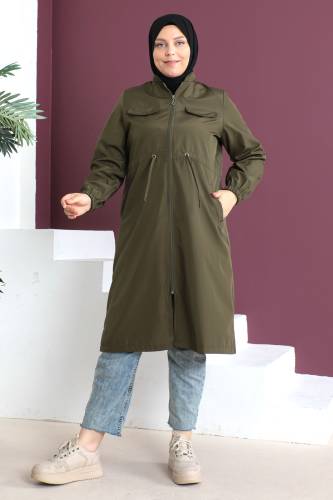 Büyük Beden Süs Cepli Trençkot TSD230504 Haki 