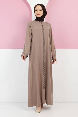 Büyük Beden Taş Detaylı Ferace TSD2055 Vizon 