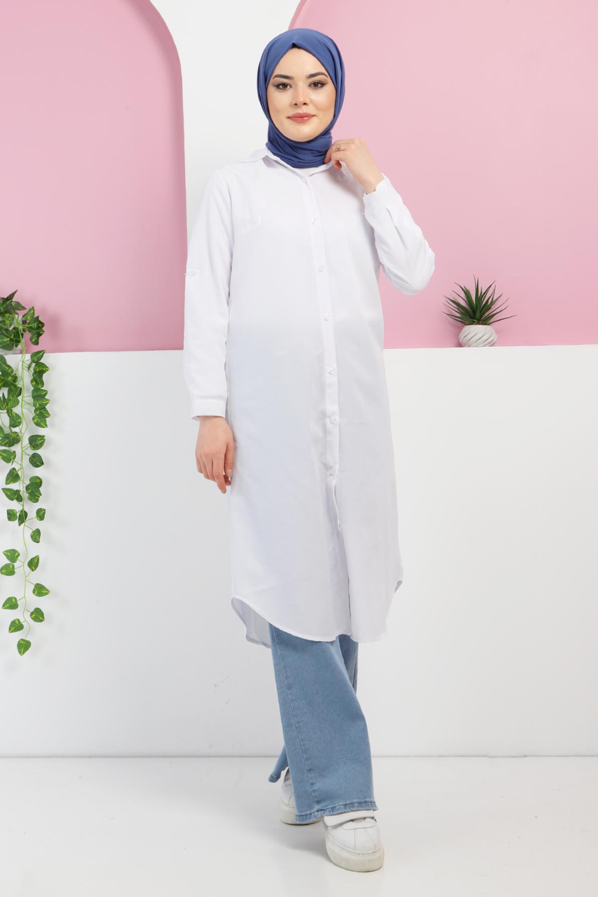 Tesettür Dünyası - Büyük Beden Uzun Boy Tunik TSD220259 Beyaz