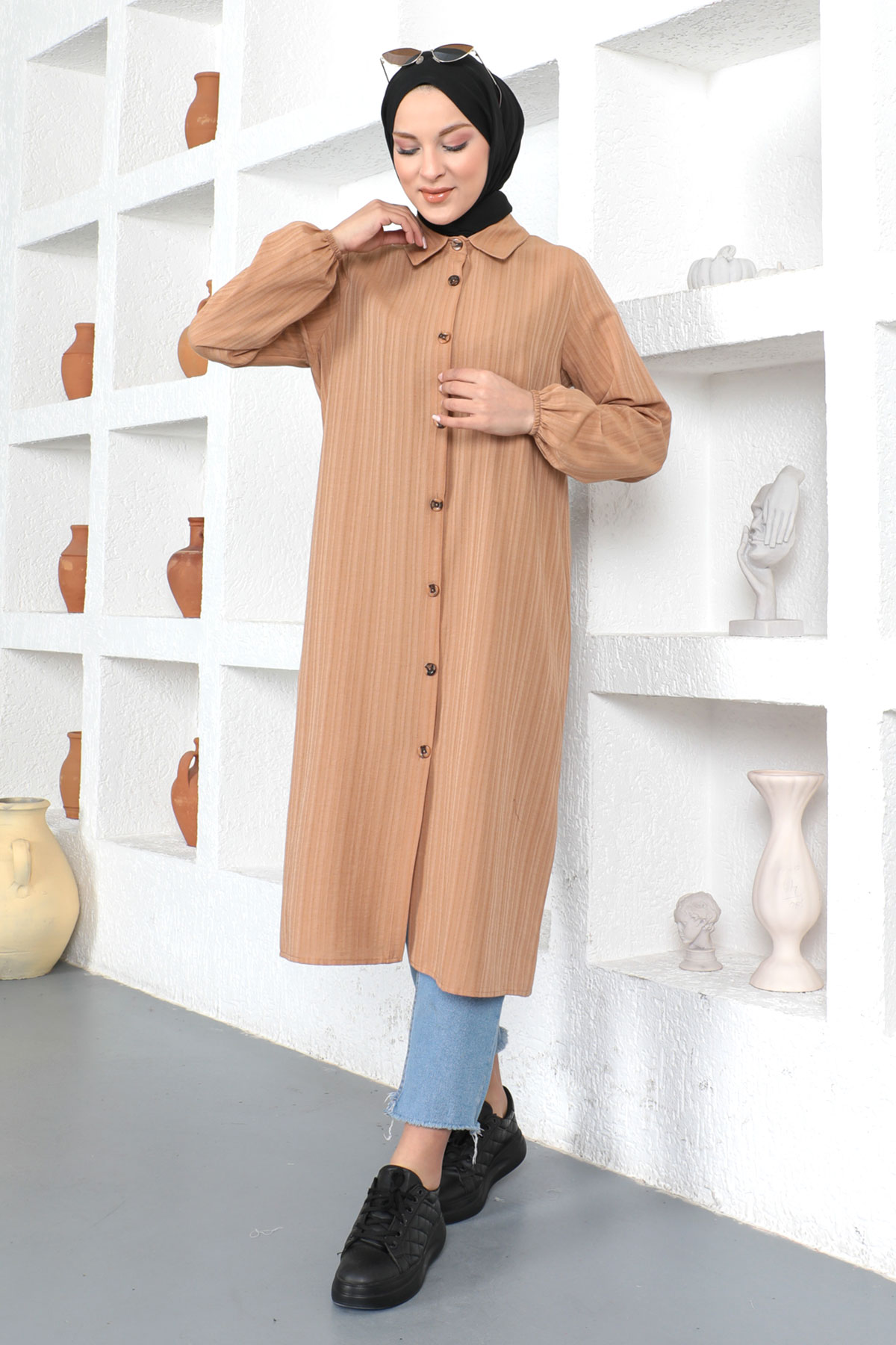 Tesettür Dünyası - Büyük Beden Uzun Tunik TSD230362 Taba