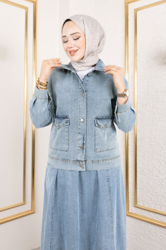 Cebi Düğmeli Etekli Kot Takım TSD250184 Açık Mavi - 2