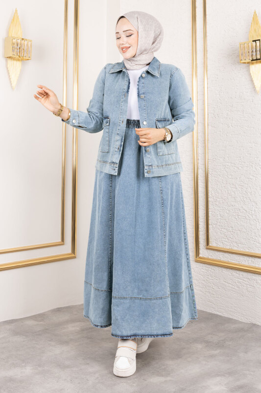 Cebi Düğmeli Etekli Kot Takım TSD250184 Açık Mavi - 1