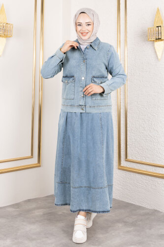 Cebi Düğmeli Etekli Kot Takım TSD250184 Açık Mavi - 3