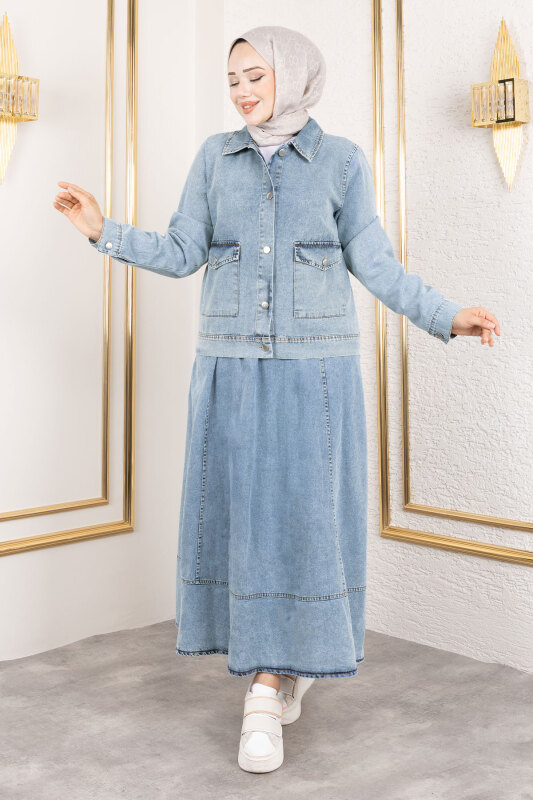 Cebi Düğmeli Etekli Kot Takım TSD250184 Açık Mavi - 4