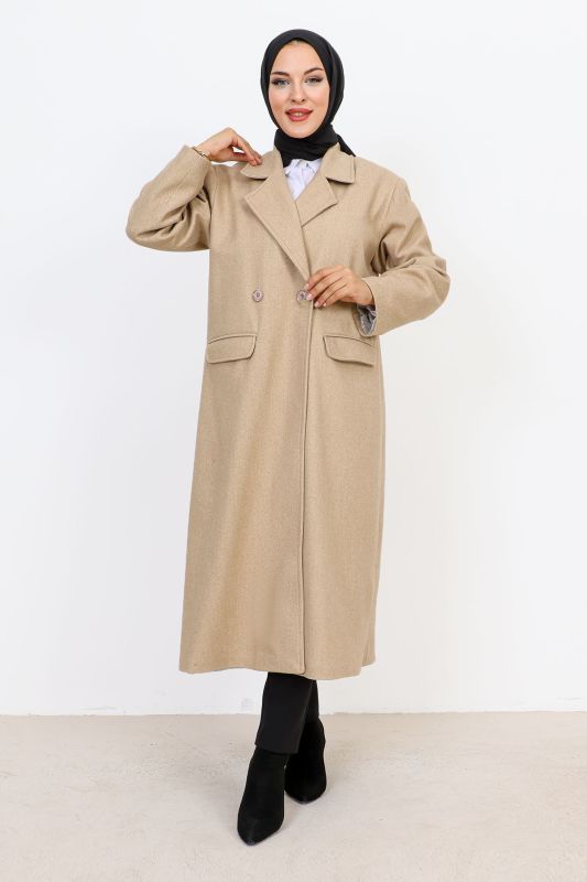 Cebi Kapaklı Çift Düğmeli Kaban TSD231109 Bej - Tesettür Dünyası