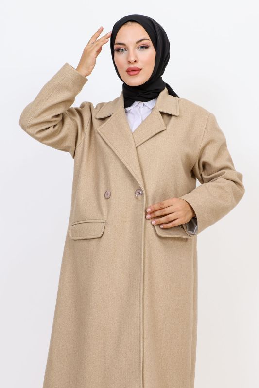 Cebi Kapaklı Çift Düğmeli Kaban TSD231109 Bej - Tesettür Dünyası (1)