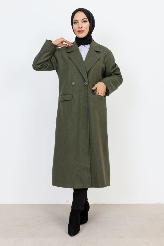 Cebi Kapaklı Çift Düğmeli Kaban TSD231109 Haki - Tesettür Dünyası