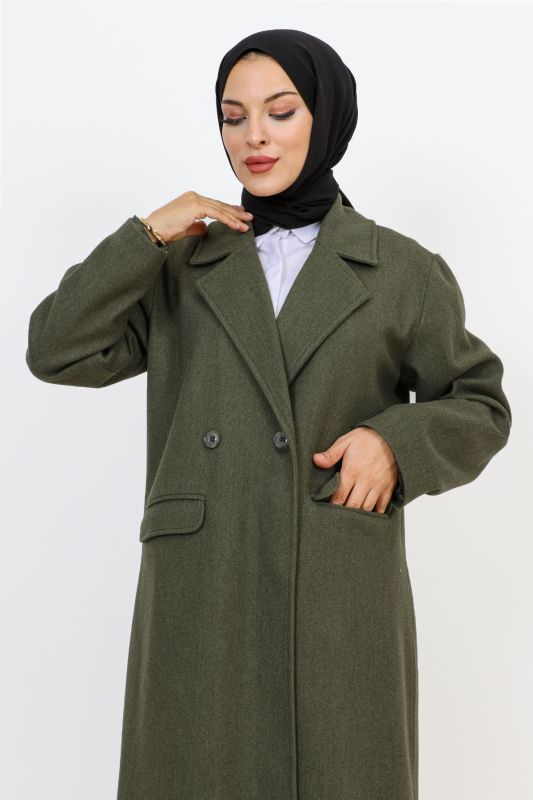 Cebi Kapaklı Çift Düğmeli Kaban TSD231109 Haki - Tesettür Dünyası (1)