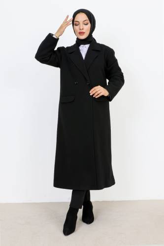Cebi Kapaklı Çift Düğmeli Kaban TSD231109 Siyah - Tesettür Dünyası