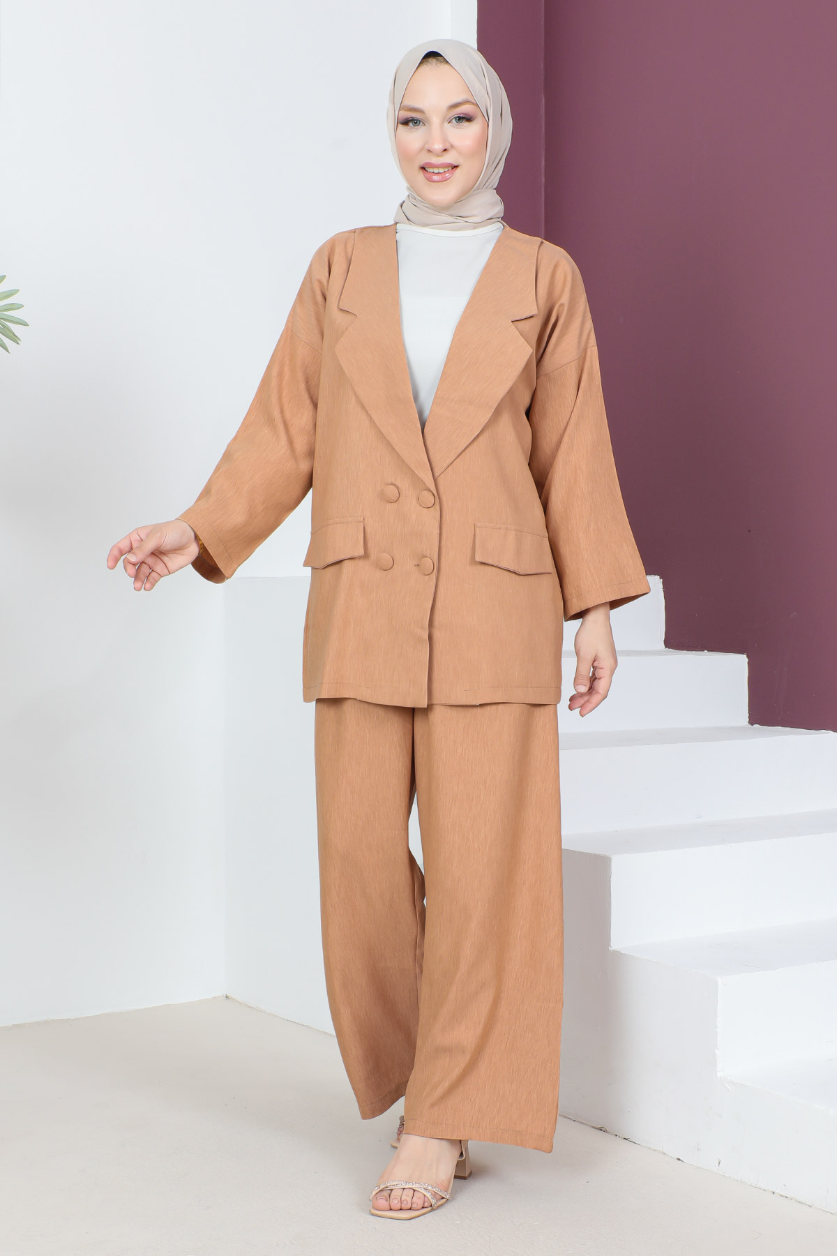Tesettür Dünyası - Ceketli Takım TSD230537 Taba
