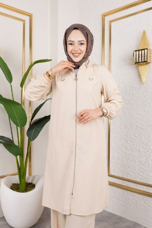 Cep Detaylı Fermuarlı Takım TSD250168 Taş Rengi - Tesettür Dünyası (1)