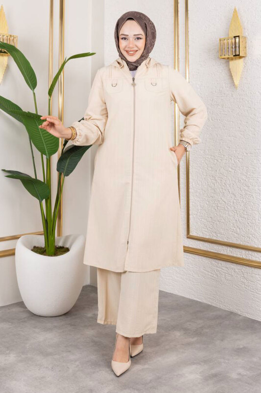 Cep Detaylı Fermuarlı Takım TSD250168 Taş Rengi - Tesettür Dünyası