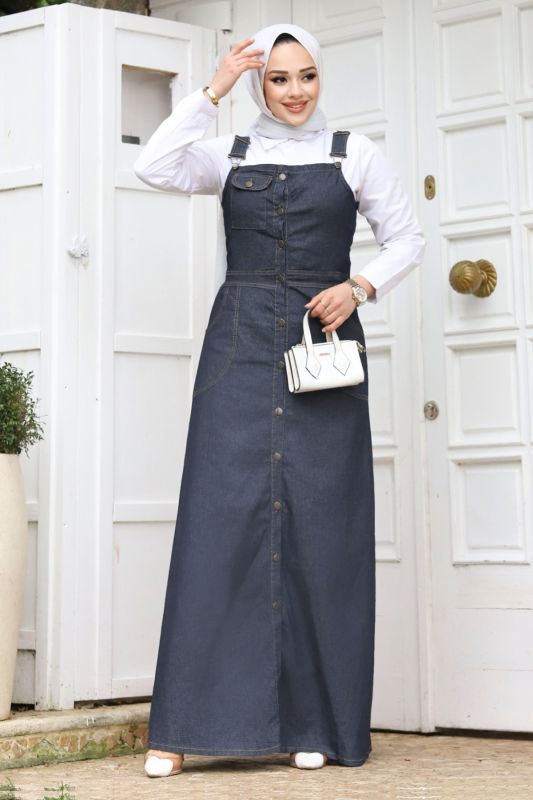 Cep Detaylı Kot Salopet TSD240232 Koyu Mavi - Tesettür Dünyası