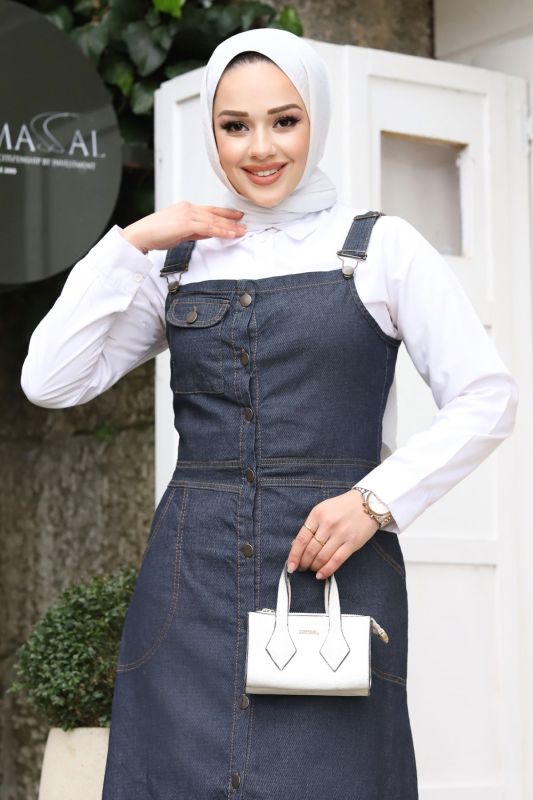 Cep Detaylı Kot Salopet TSD240232 Koyu Mavi - Tesettür Dünyası (1)