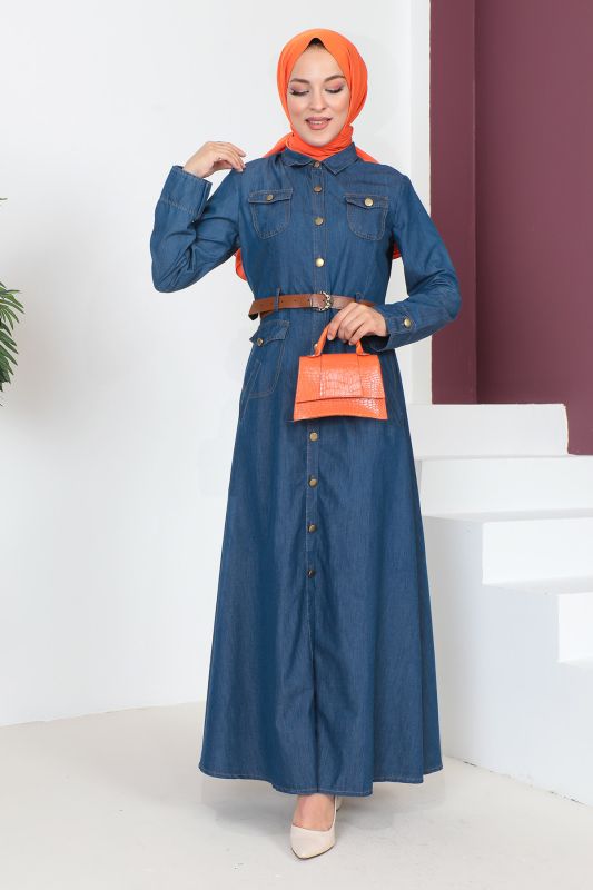 Cep Detaylı Tesettür Kot Elbise TSD230647 Mavi - Tesettür Dünyası