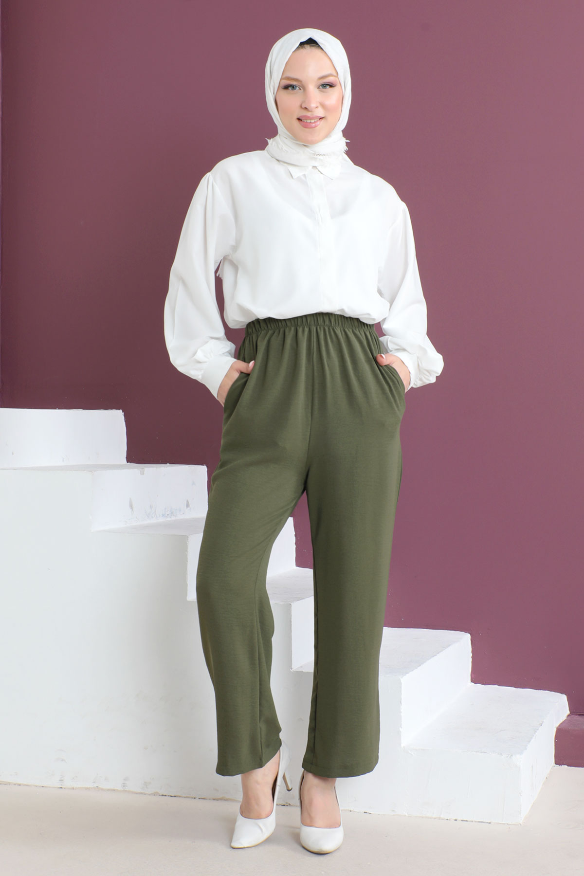 Tesettür Dünyası - Cepli Ayrobin Pantolon TSD230506 Haki
