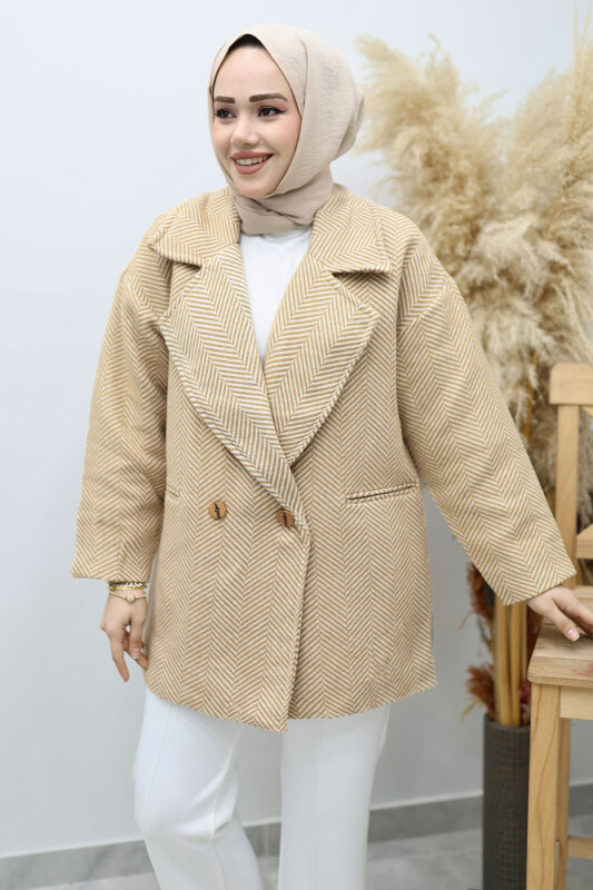 Cepli Balıksırtı Desenli Kaban TSD260129 Bej - Tesettür Dünyası (1)