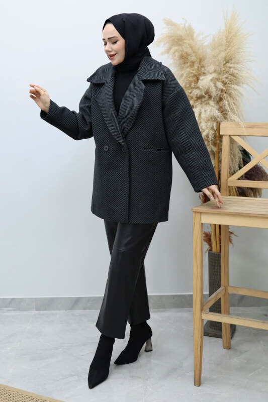 Cepli Balıksırtı Desenli Kaban TSD260129 Füme - Tesettür Dünyası