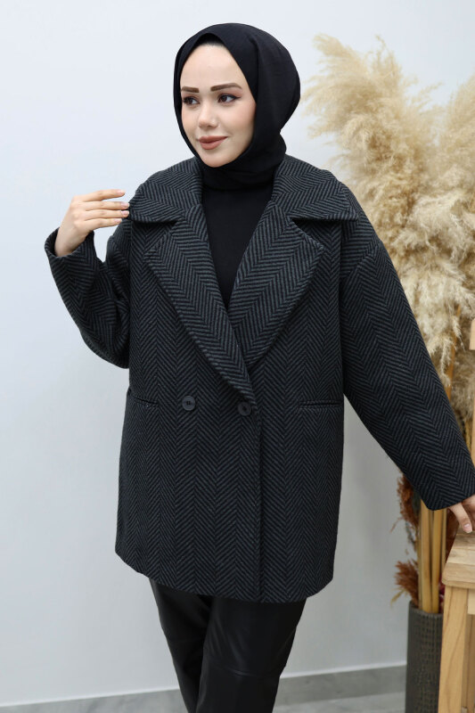 Cepli Balıksırtı Desenli Kaban TSD260129 Füme - Tesettür Dünyası (1)