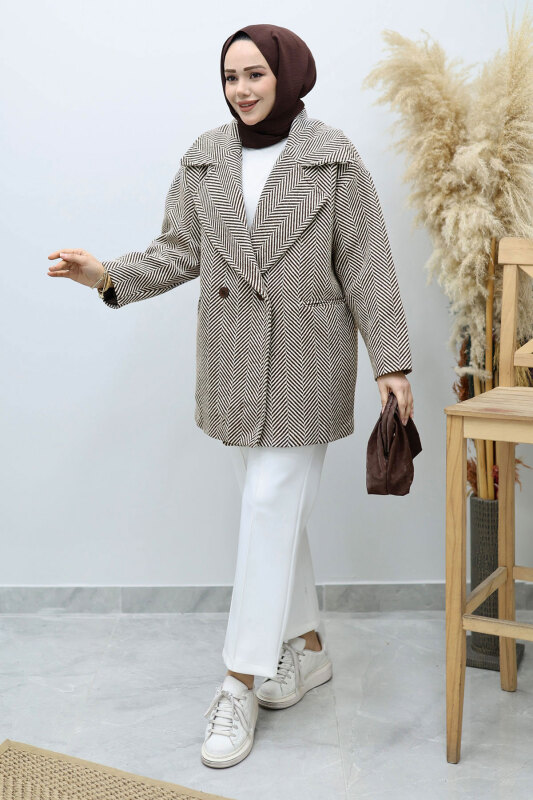 Cepli Balıksırtı Desenli Kaban TSD260129 Kahverengi - Tesettür Dünyası