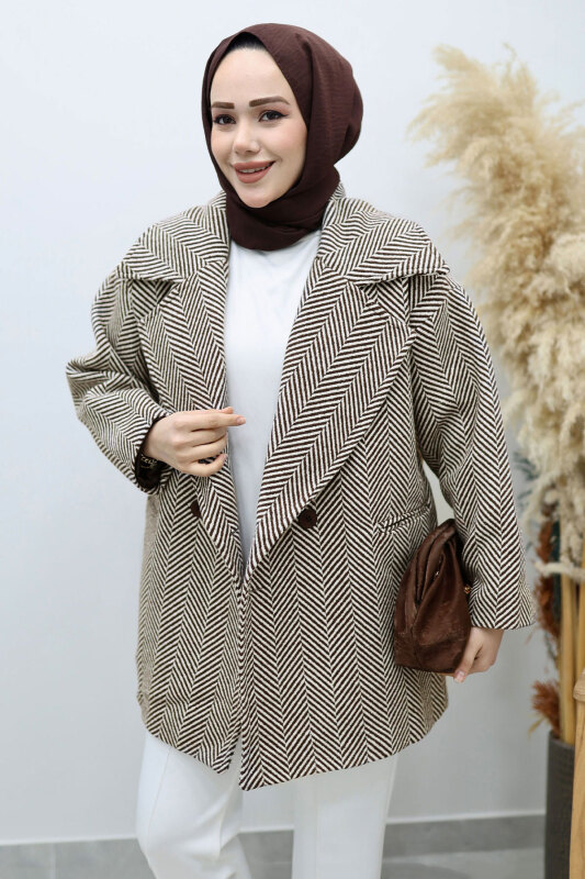 Cepli Balıksırtı Desenli Kaban TSD260129 Kahverengi - Tesettür Dünyası (1)