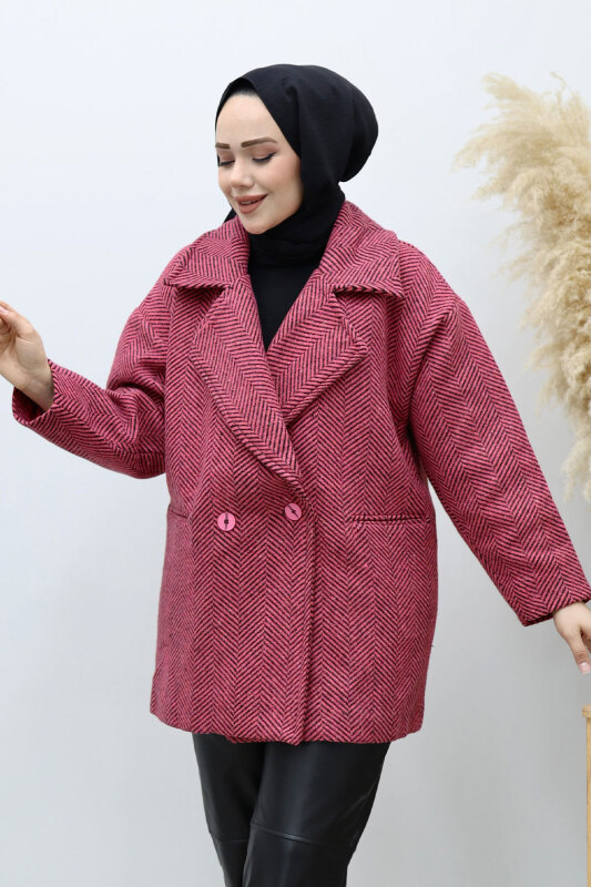 Cepli Balıksırtı Desenli Kaban TSD260129 Pembe - Tesettür Dünyası (1)