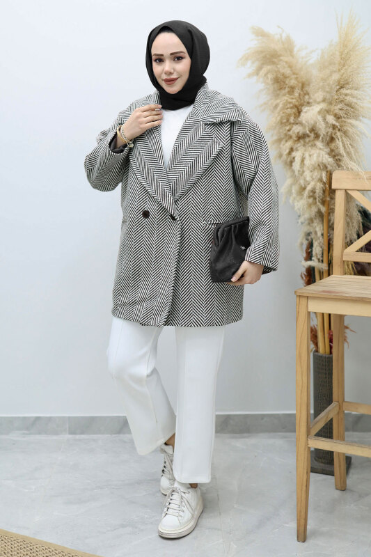 Cepli Balıksırtı Desenli Kaban TSD260129 Siyah - Tesettür Dünyası