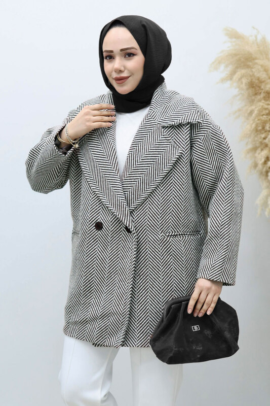 Cepli Balıksırtı Desenli Kaban TSD260129 Siyah - Tesettür Dünyası (1)