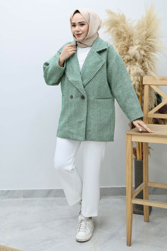 Cepli Balıksırtı Desenli Kaban TSD260129 Yeşil - Tesettür Dünyası