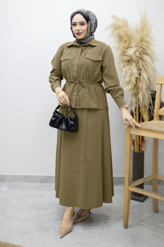 Cepli Beli Büzgülü Etekli Takım TSD260171 Haki - 3