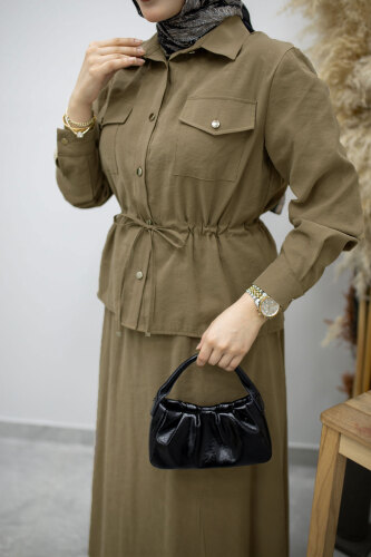 Cepli Beli Büzgülü Etekli Takım TSD260171 Haki - 4